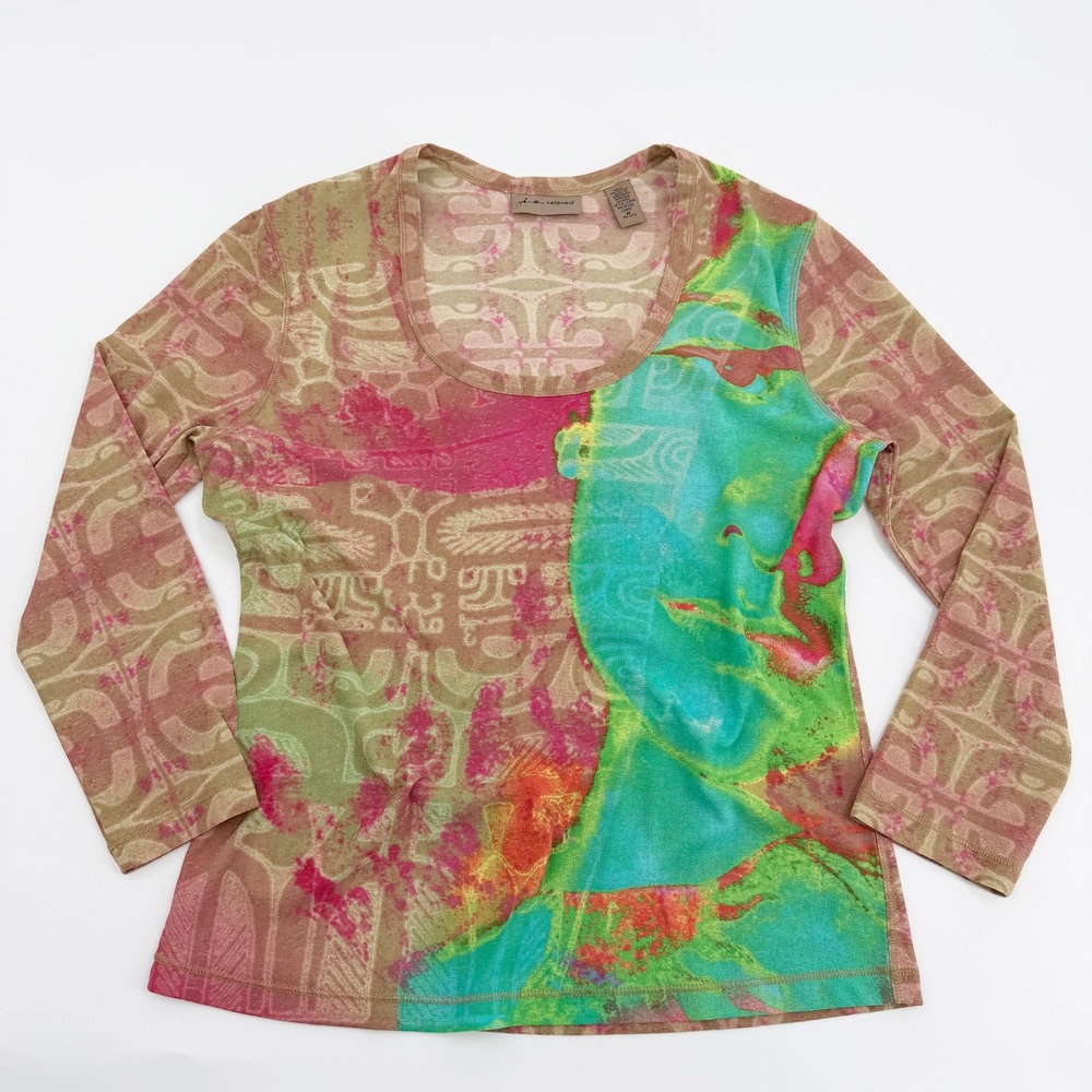 Vintage Y2K Micromesh Long Sleeve Graphic Printed Top in Pink Teal Tan Size M